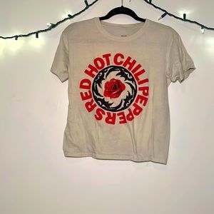 white/gray Red hot chili peppers shirt with a rose in the middle
